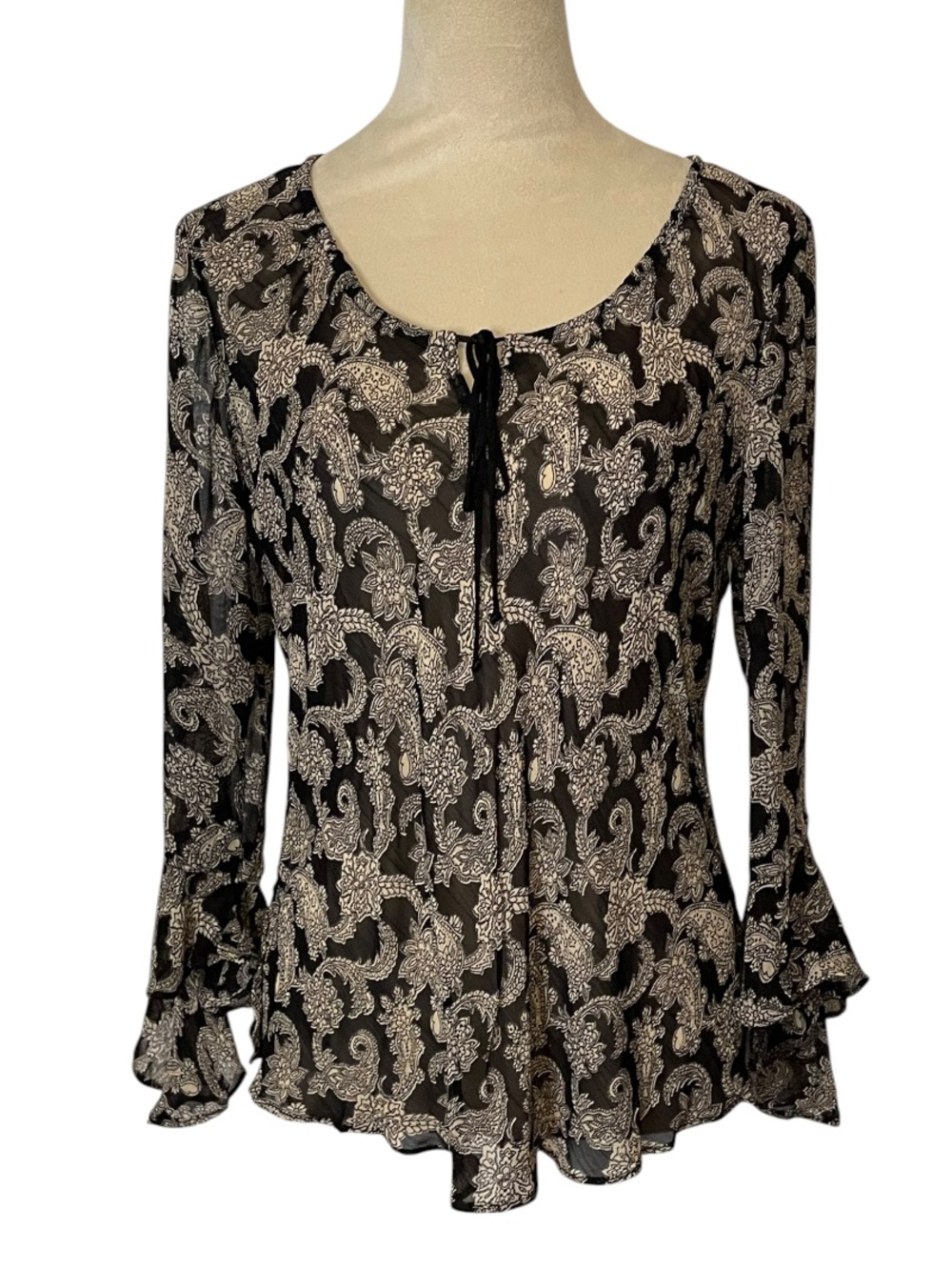 90s Y2K Deadstock Angie Paisley Ruffle Bell Sleeve Tie Top L NWT